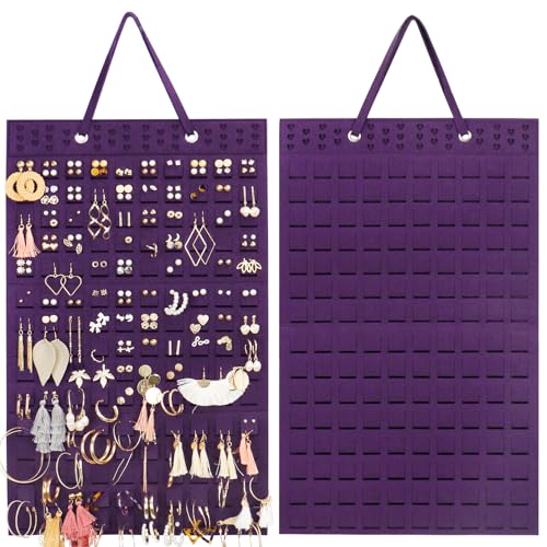 Resovo Hanging Earrings Organizer, Wall Earring Holder with 2 Hooks, Holds Up To 300 Pairs, Compact Design, Soft Material-Dark Purple - color: Dark Purple, size: 22.5*13.6 inches