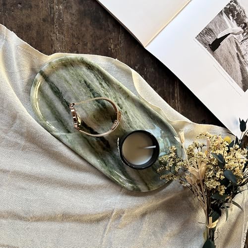 Green Natural Marble Vanity Tray, Bathroom Counter Storage Tray for Perfume Cosmetics Jewelry Organizer, Decorative Stone Tray for Dresser Home Decor, Ideal Gift for Women - color: Green
