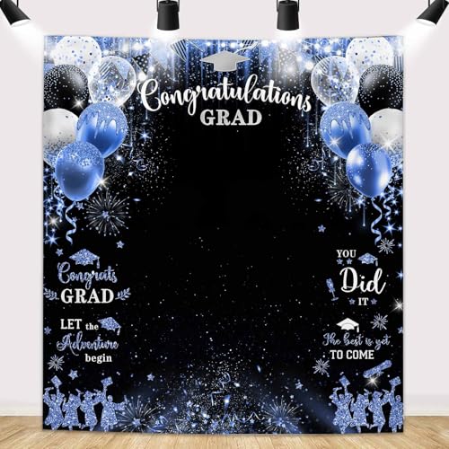 MEHOFOND Class of 2026 Graduation Backdrop Blue Silver Photo Booth Background Banner, Congrats Grad Graduation Party Decor for Prom and Graduate Celebration 70.9x78.7in - color: Blue