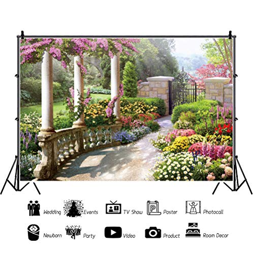 5x3ft Spring Beautiful Garden Photography Backdrop Vintage Garden Architecture Pillars Blooming Flowers Background Outdoor Wedding Portraits Photo Studio Props Wallpaper - size: 5x3ft