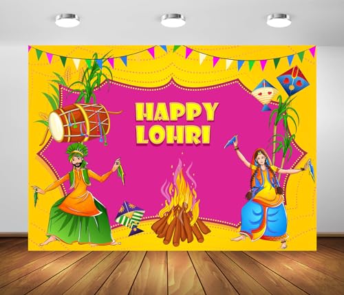BELECO 9x6ft Fabric Happy Lohri Backdrop Indian Harvesting Festival Bonfire Music Dancing Photography Background India Holiday Celebration Party Decoration Banner Photo Booth Shoot Props - size: 9x6FT