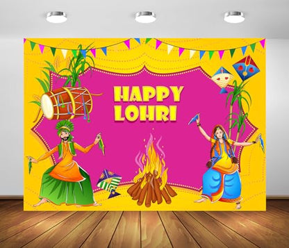 BELECO 8x6ft Fabric Happy Lohri Backdrop Indian Harvesting Festival Bonfire Music Dancing Photography Background India Holiday Celebration Party Decoration Banner Photo Booth Shoot Props - size: 8x6FT