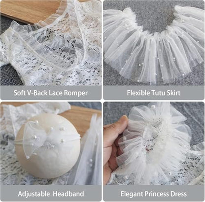 Newborn Lace Romper, 2 PCS Baby Girl Photography Props, Newborn Girl Photography Outfits with Flower Headband for Infants - color: White Long Sleeve