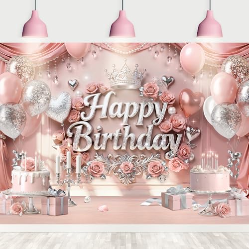 Riyidecor Pink Silver Happy Birthday Backdrop Balloon Roses Floral Crystal Presents Crown 7Wx5H Feet Polyester Fabric Girls Women Photography Background Birthday Table Decor Banner Studio Photo Shoot - color: H 01Pink Silver, size: 7Wx5H