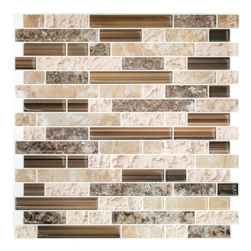 Yipscazo 10 Sheet 12''x12'' Peel and Stick Backsplash Tile for Kitchen, Self-Adhesive Stick on Backsplash Laundry Bathroom Textured Vinyl Sticker Wall Tiles Smart Tile in Sandstone - color: Sandstone