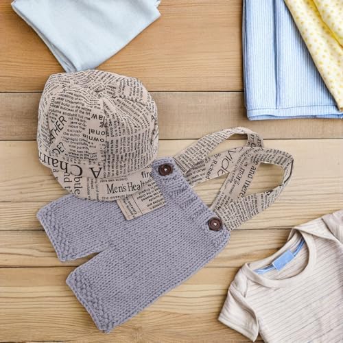 Newborn Photography Outfit Boy Newspaper Costume Set with Knitted Romper and Beret Hat Photoshoot Props for Newborn Photo Sessions