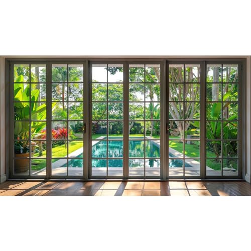 Window Scenery Photography Backdrop Windowsill Backyard with Pool and Garden Background Tropical Plants Photocall Background Party Banner Wall Decor Baby Kids Family Photo Shoot Props 5x3ft - color: Green_Brown, size: 5x3ft