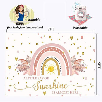 Boho Rainbow Baby Shower Backdrop 7x5ft A Little Ray of Sunshine is Almost Here Boho Pampas Baby Shower Party for Girl Cake Table Background Kids Artistic Portrait Photo Studio Booth Props - size: 7x5ft