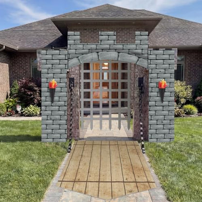 Frienda 105 Pcs Medieval Party Decorations Kit 5.9x6.6 ft Medieval Castle Backdrop Prison Fence Door Cover Fence Rug with 2 Torch Props 100 Paper Chain Brick Stone Fort for Knight Castle Photo Props - style: Medieval