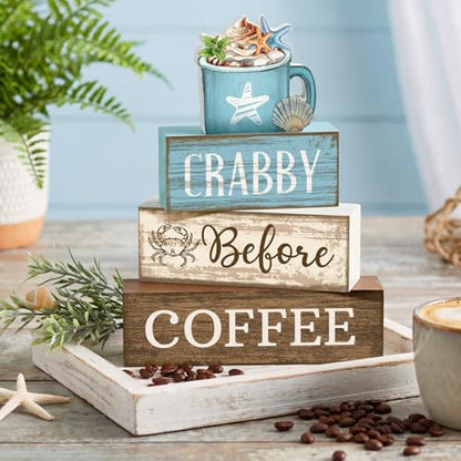 Lineshading 4 Pcs Summer Table Decorations Wooden Beach Coffee Decor Summer Tiered Tray Decor Farmhouse Crabby Before Coffee Crab Block Signs Gifts for Beach Nautical Party Home Office Decorations - style: Beach Coffee
