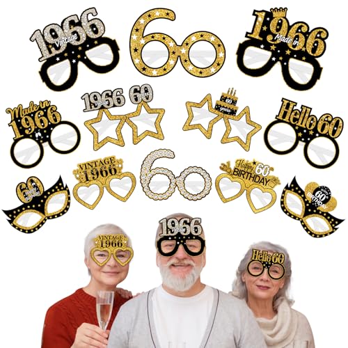 Turypaty 24Pcs 1966 60th Birthday Paper Glasses Decorations for Men Women - Black Gold Happy 60th Birthday Paper Eyeglasses Photo Props, Vintage 1966 Sixty Years Old Birthday Party Supplies - style: Black Gold 60th