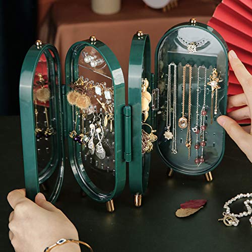 Foldable Earring Holder Jewelry Organizer Box with Mirror, 4-Layer Dustproof Earring Necklace Display Stand Jewelry Box with 153 Holes for Women and Girls, Gifts for Girl (Green) - color: Green