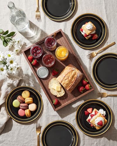 bUCLA 100PCS Black and Gold Plastic Plates - 6.25 inch Black Gold Premium Hard Disposable Dessert/Salad/Appetizer/Small Cake Plates for Party, Graduation & New year - color: 6.25Inch-100pcs-Black Gold