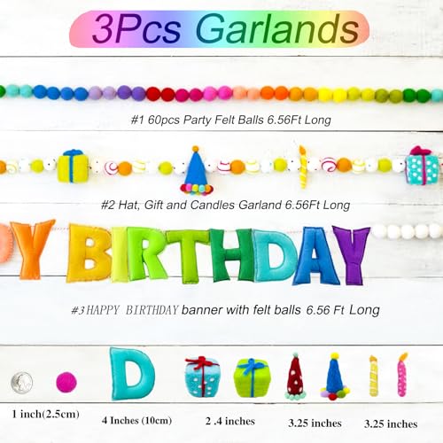 3Pcs Pre-Strung Happy Birthday Banner with Wool Balls, Rainbow Party Decorations, Reusable Happy Birthday Felt Ball Garland, Personalized Holiday Sign for Birthday Party Decor, Home Classroom Decor, Photo Prop (Birthday Banner + Felt Garland + Rainbow Bal