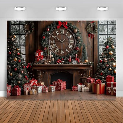 Mocsicka Merry Christmas Backdrop Clock Xmas Tree Christmas Party Decorations New Year Eve Winter Photography Background Photo Booth Props (Red, 10x8ft(120"x96")) - size: 10x8ft(120"x96")