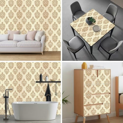 HOMETITUTE Wallpaper Peel and Stick Gold Damask on Beige Background Contact Paper Wall Paper Stick 17.7" x 118.1" Self Adhesive Removable Vinyl Wall Covering Bedroom Kitchen Bathroom Home Decor - color: Gold Damask on Beige Background