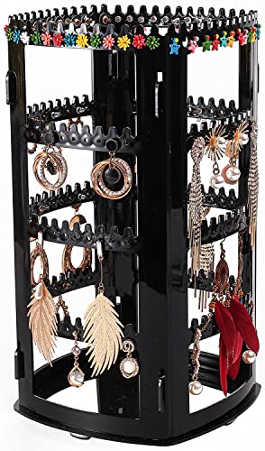 Sooyee 360 Rotating Earring Holder and Jewelry Organizer, 4 Tiers Jewelry Rack Display Classic Stand, 156 Holes and 160 Grooves for Necklaces Earrings Piercings, Black - color: Black