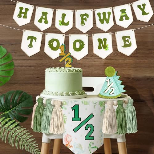 THAWAY 1/2 Birthday Dinosaur Half Birthday Decorations - Green It's My 1/2 Birth Banner Glitter Cake Topper Tassel Wood Bead High Chair Banner & Cone, Hat Halfway to One Party Supplies - color: Dinosaur Green