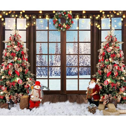 10x8ft Christmas Tree Window Backdrop Winter Snow View Photo Background for Christmas Santa Claus Snowman Backdrop Banner Photography Studio Props Christmas Tapestry - size: 10x8ft-Polyester