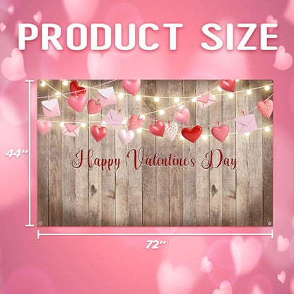 Rustic Valentine's Day Photography Backdrop 72 x 44 Inch - Wooden Happy Valentine's Day Banner with Hearts & Lights for Romantic Shoots - color: Wooden