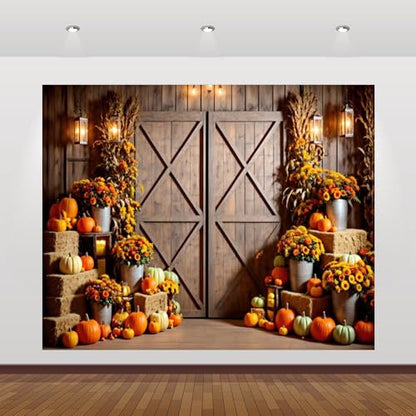 Fall Thanksgiving Backdrop 10x8ft Autumn Farm Rustic Barn Door Harvest Pumpkin Hay Photography Background Thanksgiving Party Decorations Banner Photo Studio Props