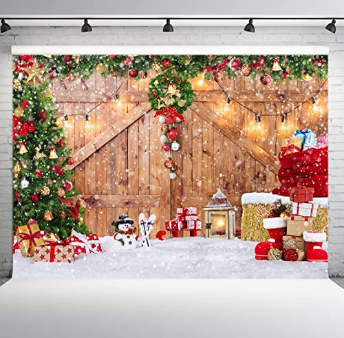 Rustic Christmas Barn Wood Door Backdrop for Photography Xmas Tree Snow Gift Wall Floor Party Photo Background Winter Holiday Family Supplies Banner Decoration Studio Props 12391 (12x10FT) - size: 12x10FT