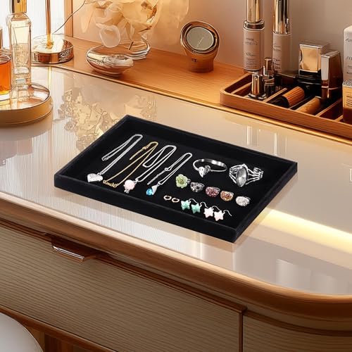2 Pcs 13.8" x 9.5" Velvet Jewelry Tray Jewelry Display Tray, Stackable Empty Plate Trays for Earrings Necklaces Bracelet Rings Display Showcase - Black - color: Black, size: Flat Tray 13.8"x9.5"