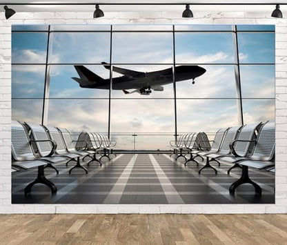 12x10ft Fabric Airport Backdrop Lounge with Plane Pilot Jet Birthday Party Video Recording Zoom Meeting Conference Baby Shower Photoshoot Business Studio Decoration Photography Props - size: 12x10FT