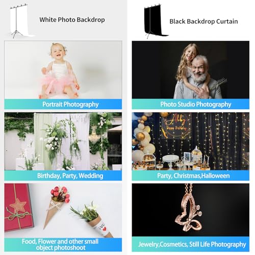 Black White Backdrop Screen with Stand Kit for Photo Video Studio Filming 5X6.5ft, Black Backdrop White Photo Curtain Background with T Shape Stand and 5 Spring Clamp for Photography Party Decorations - color: White & Black, size: 5 x 6.5 Ft