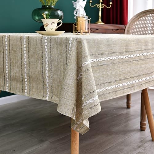 NEWISHER Rustic Farmhouse Embroidered Square Tablecloth Jacquard Striped Table Cloth Linen Texture Washable Dining Table Cover Kitchen Dining Home Decoration Yellow 52x52 inch - color: Almond Buff, size: 52" x 52" (Square)