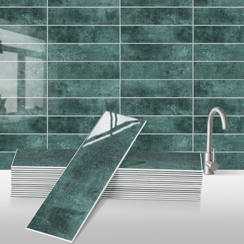 24-Pieces Peel and Stick Tiles for Kitchen Backsplash, New Upgrade Design 12" x 3"SPC Subway Backsplash Tiles, Marble Green Premium Finger Tiles（Green）. - color: Green, size: 10 Sheet