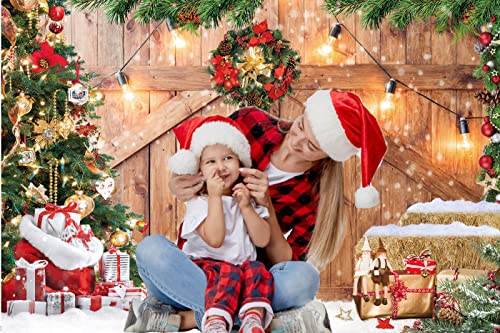 CHAIYA 12x10ft Rustic Christmas Barn Wood Door Backdrop for Photography Xmas Tree Snow Gift Wall Floor Party Photo Background Winter Holiday Family Supplies Banner - size: 12′x10′
