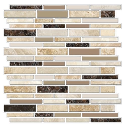 VICCI 12-Sheets Peel and Stick Tile Backsplash 12" x 12" 3D Vinyl Self-Adhesive Wall Stickers Tiles Decals for Kitchen Backsplash Bathroom Laundry Room (Beige & Yellow & Brown) Textured Style - color: Spt-004, size: 12 x 12 inch (3D Textured style)