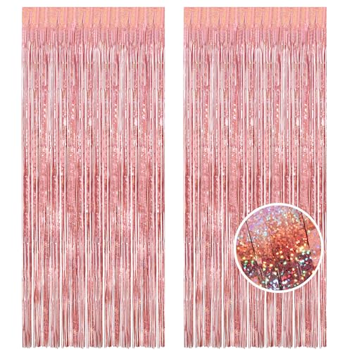 BRAVESHINE Rose Gold Metallic Tinsel Backdrop - 2Pcs 3.2x8.2ft Foil Fringe Curtains Party Streamers for 21st Birthday/Graduation/Bachelorette/Engagement/Anniversary/Bridal Shower Decorations - color: Light Rose Gold