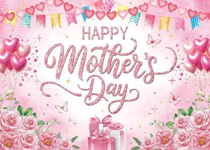 Happy Mother's Day Backdrop 8x6ft Pink Rose Floral Polyester Photography Background for Party Photo Booth Studio Banner Photoshoot Decoration - size: 8x6FT