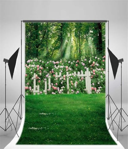 AOFOTO 6x9ft Romantic Garden Photography Studio Background Wedding Backdrop Spring Flowers Fence Meadow Grassland Girl Lovers Baby Kid Toddler Artistic Portrait Forest Photoshoot Props Video Drape - size: 6x9ft