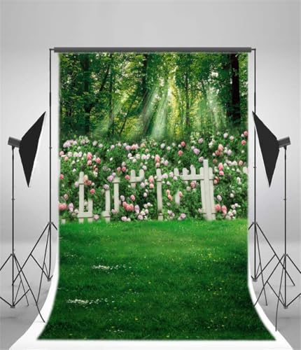 AOFOTO 5x7ft Romantic Garden Photography Studio Background Wedding Backdrop Spring Flowers Fence Meadow Grassland Girl Lovers Baby Kid Toddler Artistic Portrait Forest Photoshoot Props Video Drape - size: 5x7ft