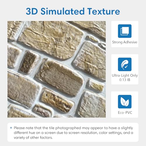 COMSTICKC 3D Faux Stone Peel and Stick Wall Panel, Faux Brick Wall Panels, 10 Pcs of 12"X12" Lightweight Thin PVC Rock Adhesive Fake Brick Backsplash Kitchen Living Room, Paintable - color: Brown - 01