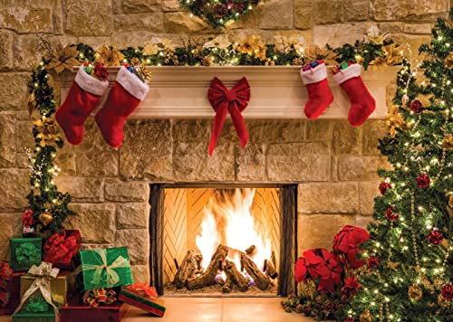 15x10ft Christmas Fireplace Theme Backdrop Christmas Backdrops for Photography Tree Sock Decorations for Xmas Party Supplies Photo Background