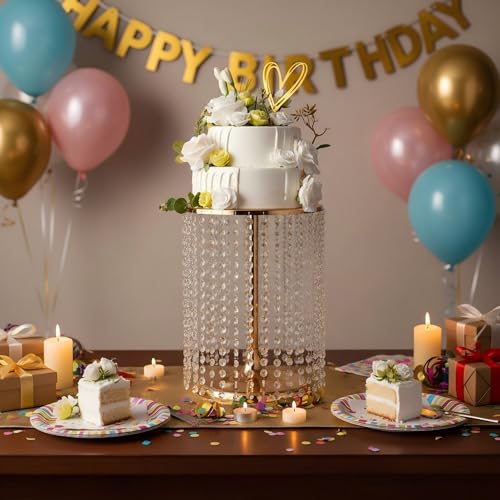 Wedding Cake Stand for Dessert Table 12 Inch Gold Crystal Pendants Metal Cake Stand Serves as A Round Dessert Cupcake Display Plate 16 Inch Tall (Gold) - color: Gold, size: Large