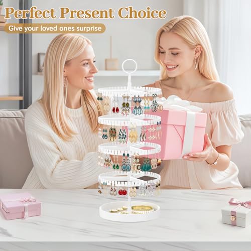MODOWEY 4 Tier Rotating Earring Holder Organizer Display Tree with Metal Tray, Adjustable Plastic Stand with 228 Slots for Stud Hoop Hanger, Large Capacity Storage Rack for Women Space Saving, White - color: Cloud White