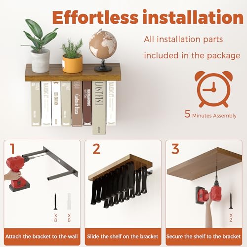 Tohiasen Floating Book Shelves for Wall Mounted Set of 2, Wood Hanging Bookshelf, Book Display Shelf for Wall, Unique Space Saving Book Shelf Wall Book Holder (Brown) - color: Brown
