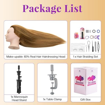 Mannequin Head with 80% Real Human Hair with Tripod Stand - 28" Makeup Cosmetology Manikin Doll Head for Hair Styling, Hairdressing Training Head for Braiding Practice Suitable for Hair Extensions - color: Brown &Tripod Set