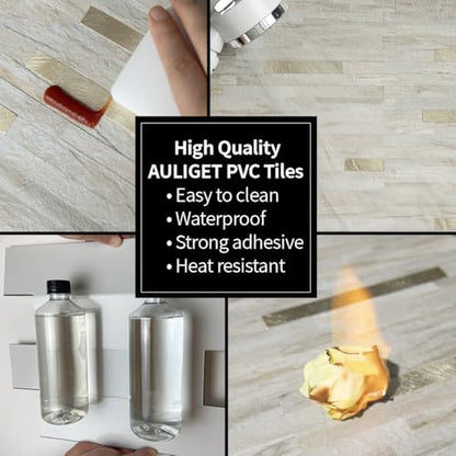AULIGET Faux Stone Peel and Stick Backsplash, PVC Wall Tile Stick on Backsplash for Kitchen and Bathroom (2, Beige Marble Look) - color: Beige Marble + Metal Gold, size: 2 Sheets, 6"x12"x0.12"