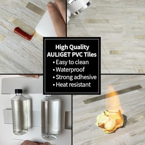 AULIGET Faux Stone Peel and Stick Backsplash, PVC Wall Tile Stick on Backsplash for Kitchen and Bathroom (2, Beige Marble Look) - color: Beige Marble + Metal Gold, size: 2 Sheets, 6"x12"x0.12"