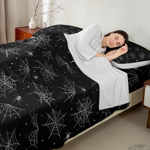 Feelyou Happy Halloween Bed Sheets Set Full Size Black Gray Cobweb Deep Pocket Fitted Sheet Spider Bedding Sets Soft Bed Set 4Pcs with 2 Pillow Cases - color: Black and Gray, size: Full
