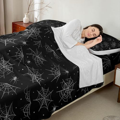 Feelyou Happy Halloween Bed Sheets Set King Size Black Gray Cobweb Deep Pocket Fitted Sheet Spider Bedding Sets Soft Bed Set 4Pcs with 2 Pillow Cases - color: Black and Gray, size: King
