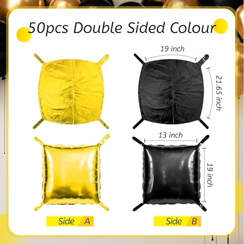 50PCS Black and Gold Square Foil Balloon Wall Backdrop for 2026 New Year Eve Party Decoration, 19'' Double Sided Metallic Balloon Garland Arch Kit for Graduation Anniversary Bachelorette Bridal Decor - color: Black & Yellow