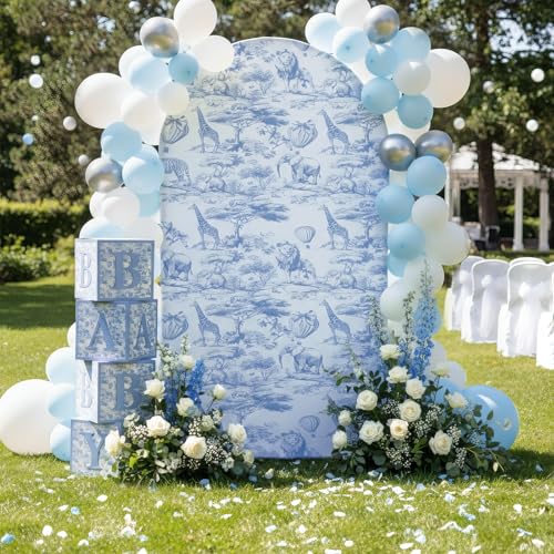 VitalCozy 7.2ft Blue Toile De Jouy Arch Backdrop Cover Safari Jungle Themed Baby Shower Spandex Arch Stand Covers Round Top Backdrop Cover for Safari Chinoiserie Baby Shower Decorations Photoshoot - color: Toile De Jouy, size: 7.2 Ft