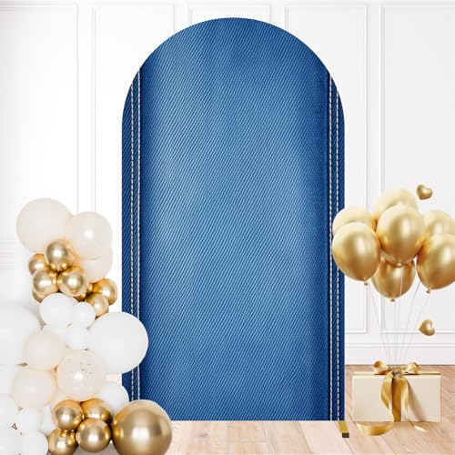 7.2FT Wedding Arch Backdrop Cover Jeans Texture Denim Portrait Photobooth Blue Denim Fabric Vertical Spandex Fitted Round Top Backdrop Stand Cover for Ceremony Banquet Birthday Party Decoration - color: Color2, size: 7.2FT x 4FT